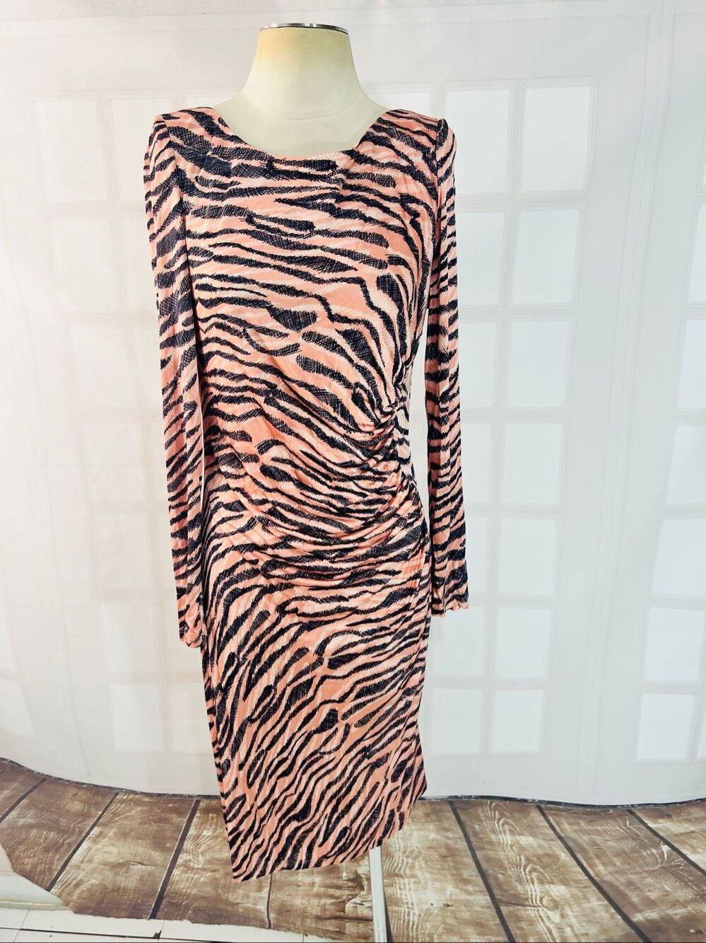 LK Bennett Coral Black Wilder Animal Print Long Sleeve Ruched Sheath Dress Sz 12